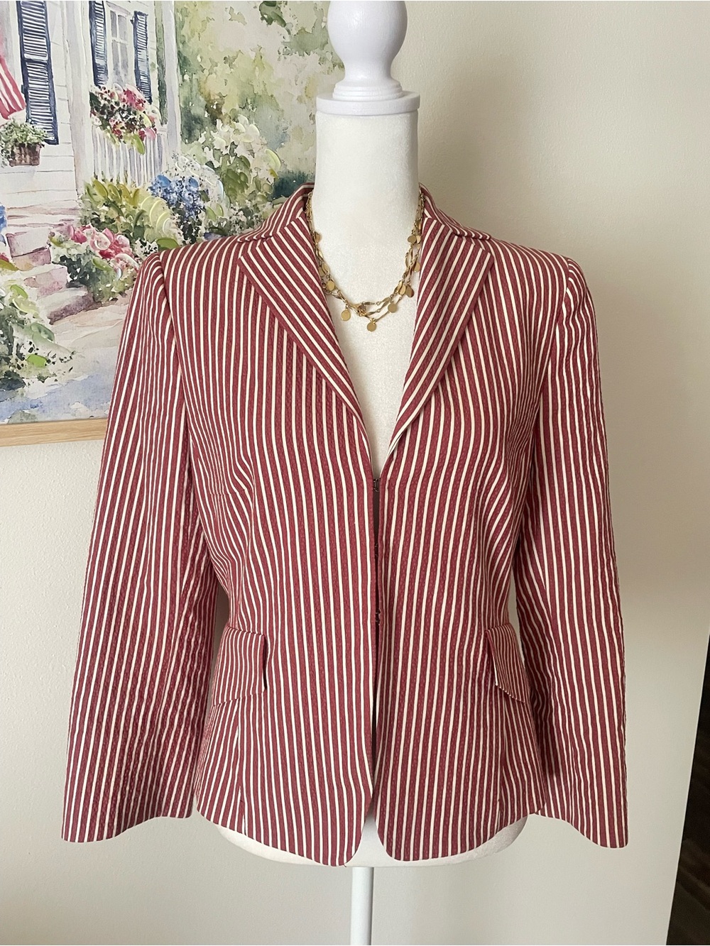 Akris Punto Seersucker Striped Blazer Brick Red White US 6